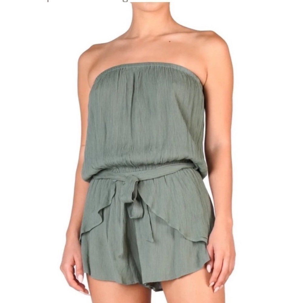 Elan Olive Strapless Ruffled Romper NWT